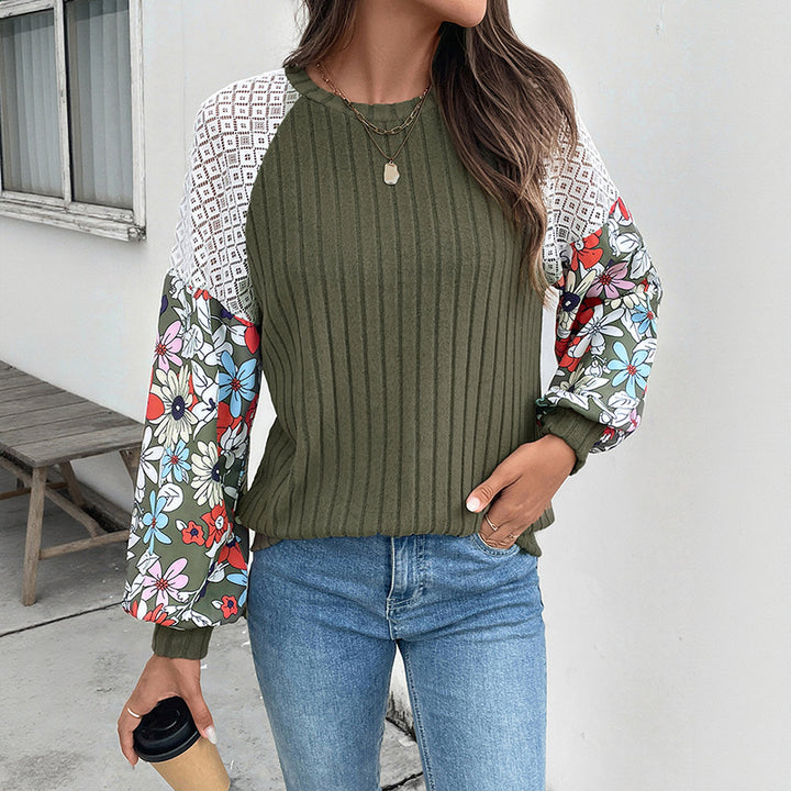 Damen Gerippter Strickpullover mit Häkel-Schulter & gEchoarchivlümten Ballonärmeln Echoarchiv