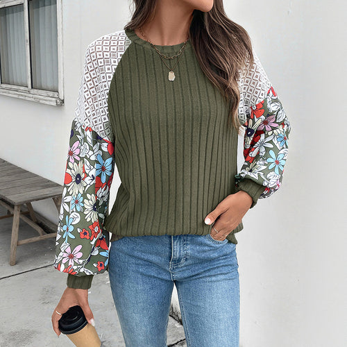 Damen Gerippter Strickpullover mit Häkel-Schulter & gEchoarchivlümten Ballonärmeln Echoarchiv