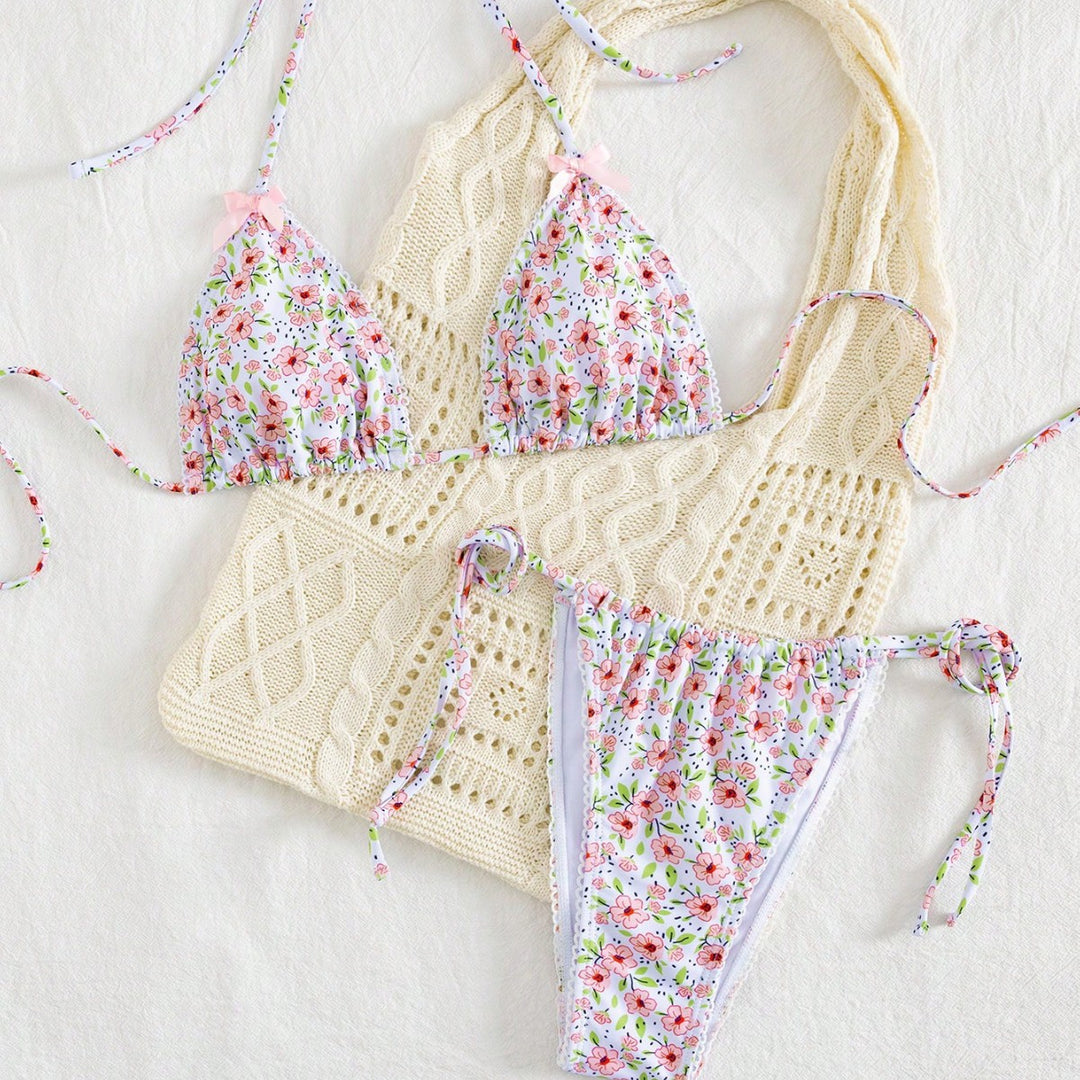 Damen Triangel-Bikini mit floralem Muster und vielseitigem Höschen Echo Archiv