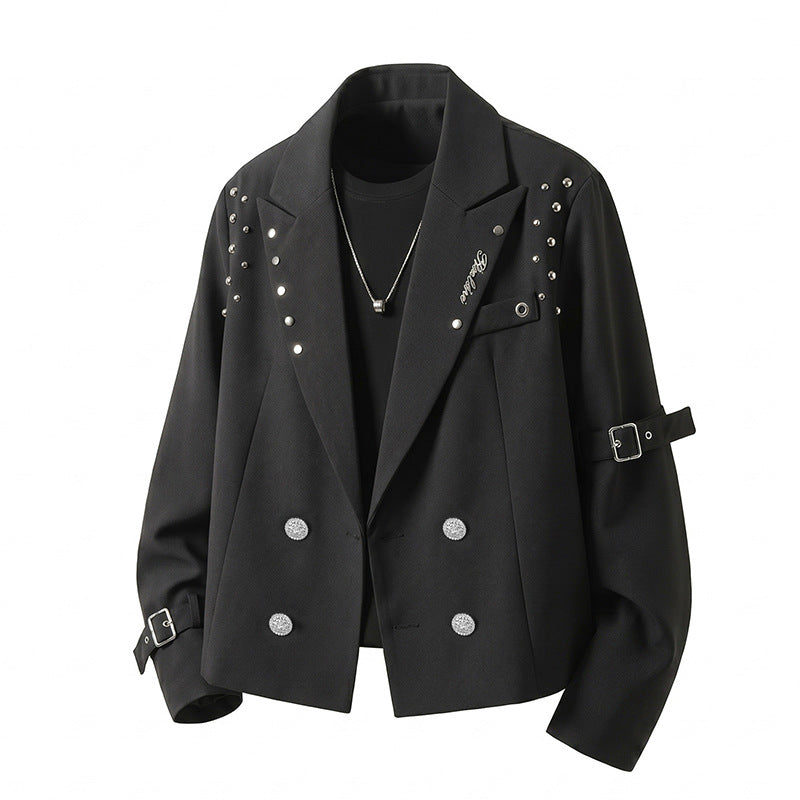 Herren Kurzblazer-Jacke im Rockigen Biker‑Look mit Nietenbesatz, Doppelreiher & Ärmel-Schnallen Echoarchiv