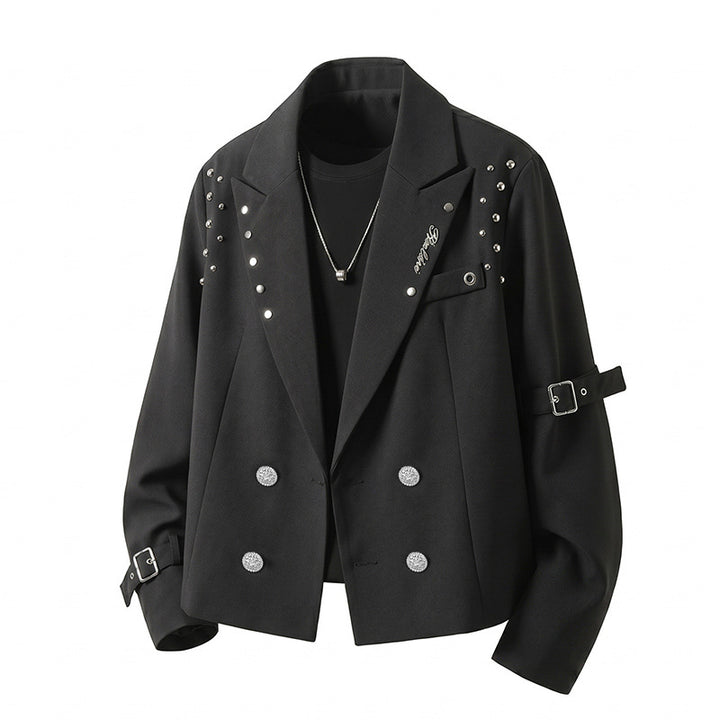 Herren Kurzblazer-Jacke im Rockigen Biker‑Look mit Nietenbesatz, Doppelreiher & Ärmel-Schnallen Echoarchiv