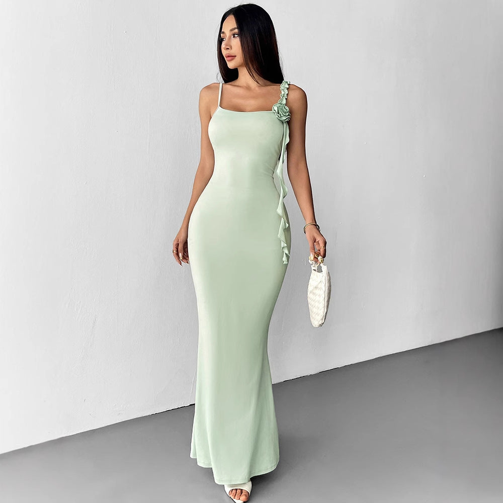 Damen Elegantes Maxikleid mit floralem Necktie und asymmetrischen Rüschen Echo Archiv