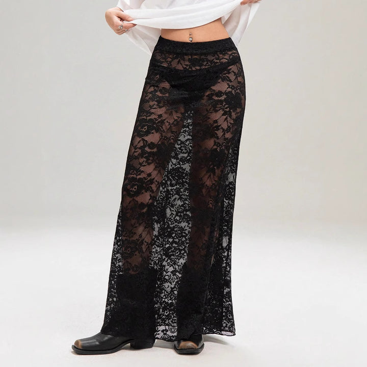 Damen nan weites Baumwollshirt und langer transparenter Spitzenrock Echo Archiv