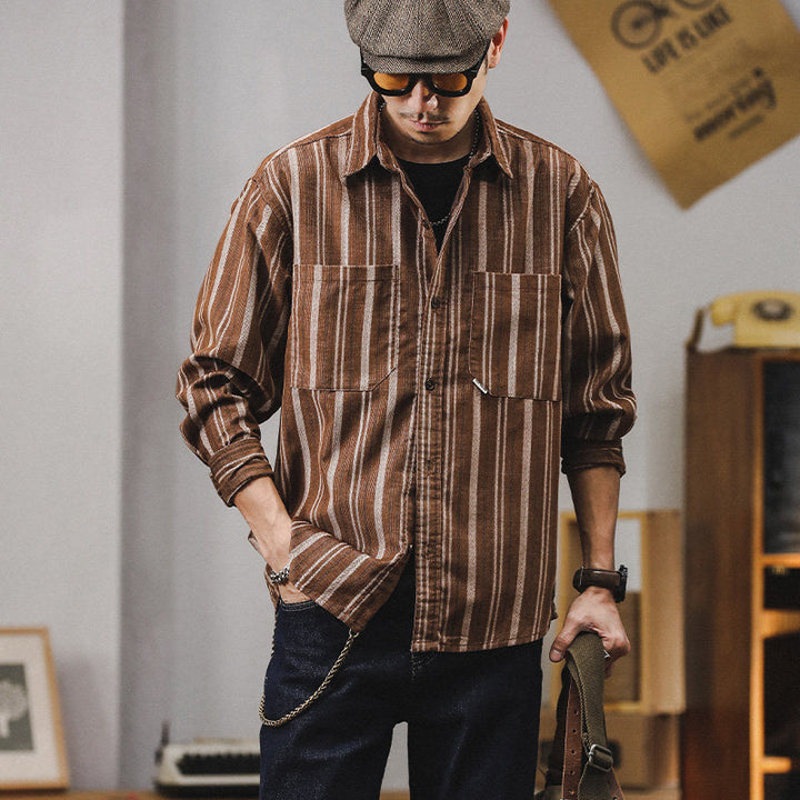 Herren Gestreiftes Overshirt-Hemd aus Baumwoll-Leinen mit Brusttaschen Echoarchiv