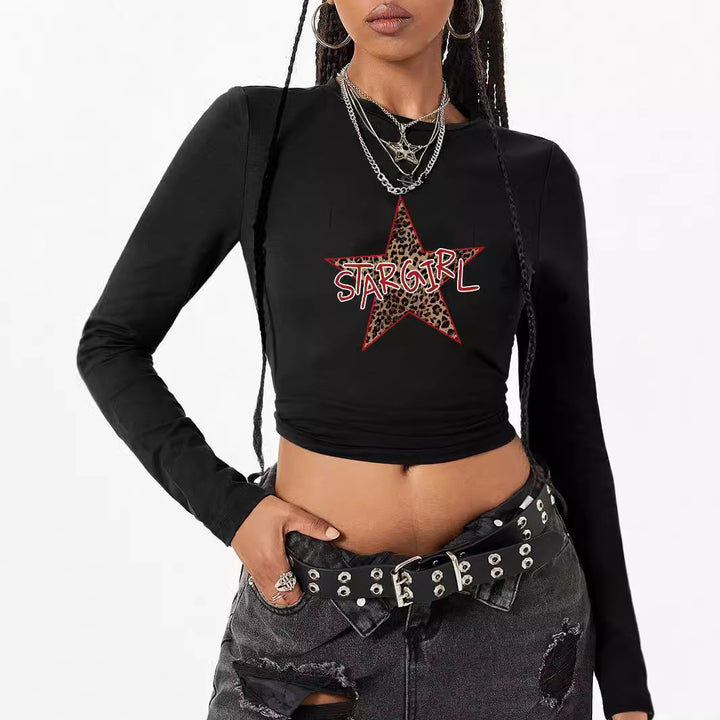 Damen figurbetontes Langarmshirt mit niedlichem Gänse-Print, Rundhalsausschnitt und leichtem Stretch – Avérine