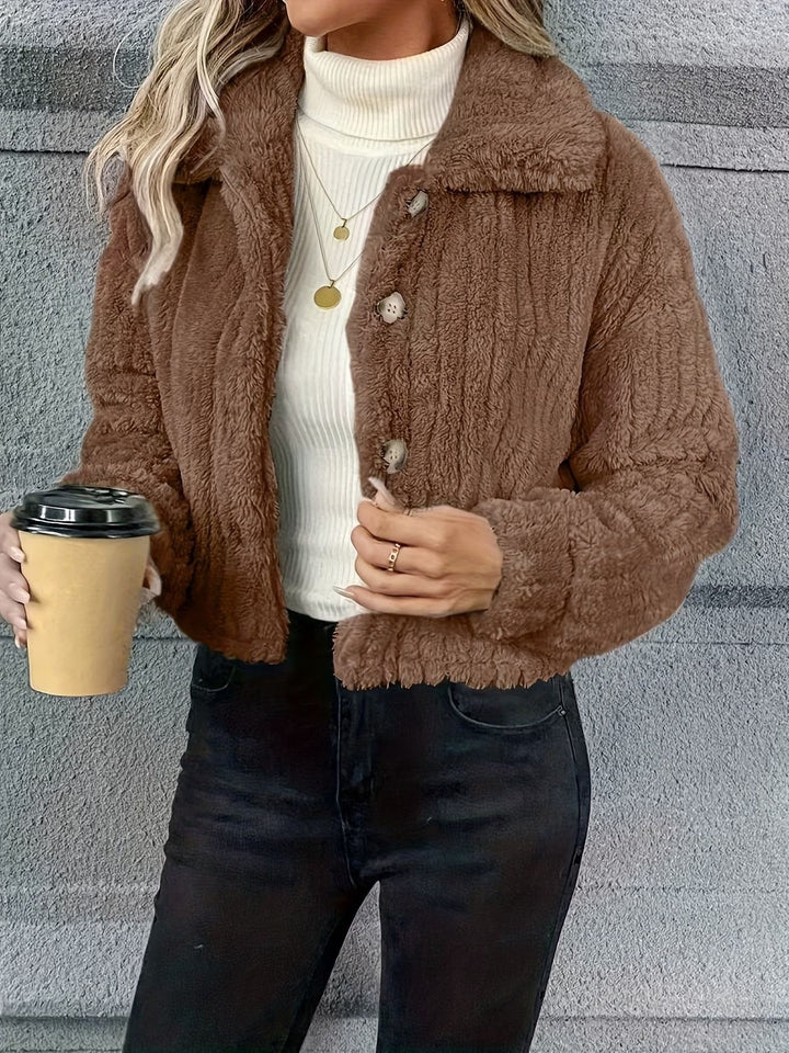 Damen Kurzjacke Teddy-Fleece mit Knopfverschluss und weitem Hemdkragen Echo Archiv