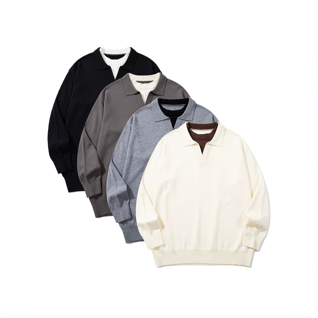 Unisex Feinstrick-Polo mit V‑Ausschnitt‑Cutout und integriertem Rollkragen-Layer Echoarchiv