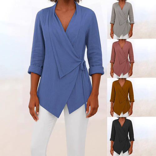 Damen Asymmetrische Wickelbluse mit Schalkragen und 3/4-Ärmeln – Élovi