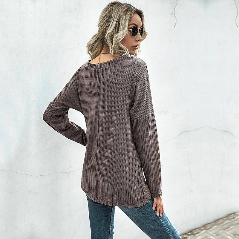 Damen Waffelstrick‑Wickelshirt mit V-Ausschnitt und langer Oversize-Ärmelpassform – Mavelle