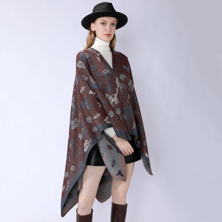 Damen Oversized Ruana im Jacquard mit Katzen- & Blumenmotiv Echo Archiv
