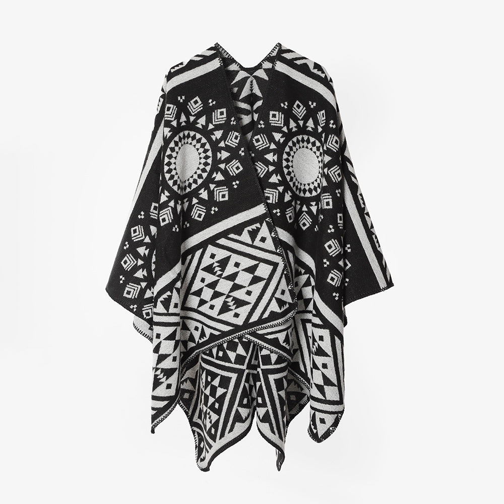 Damen Gewebter Jacquard‑Poncho mit Ethno‑Geometrischem Muster – Avérine