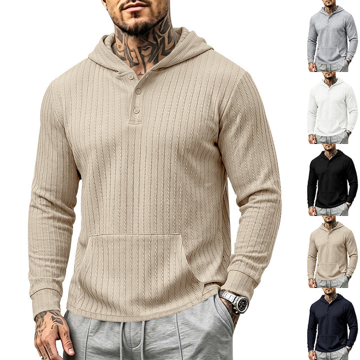Herren Kapuzen-Henley-Pullover mit Zopfstruktur, Kängurutasche und Rippbündchen Echoarchiv