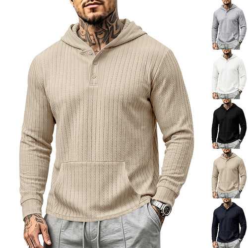 Herren Kapuzen-Henley-Pullover mit Zopfstruktur, Kängurutasche und Rippbündchen Echoarchiv