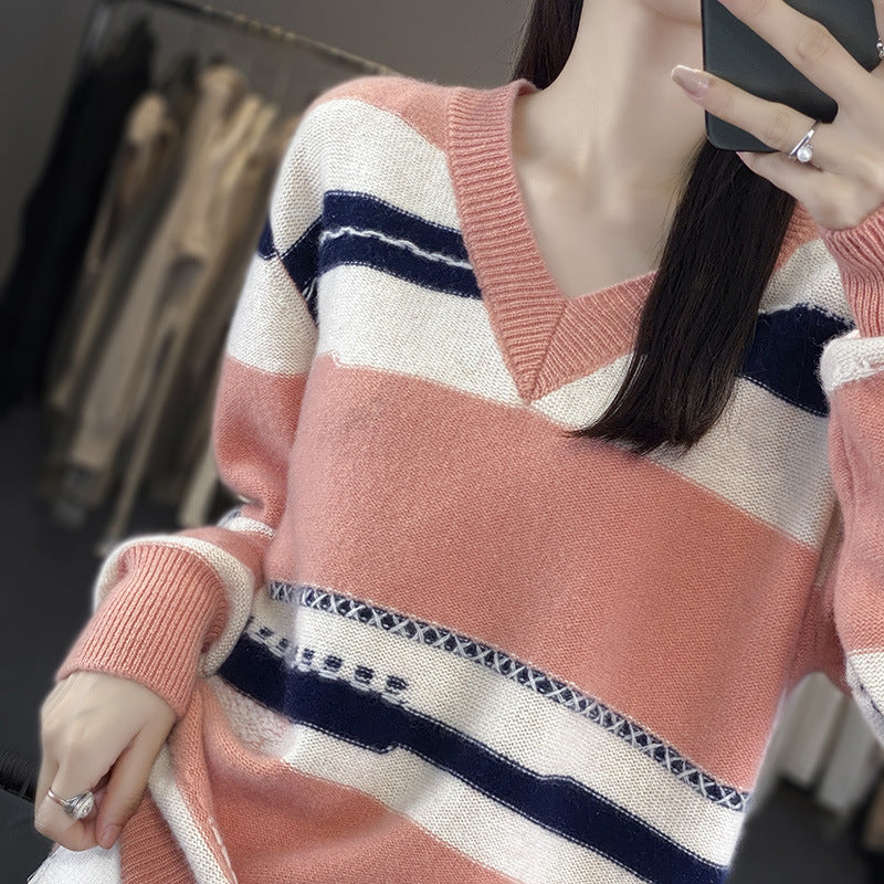 Damen Oversize-Strickpullover mit V‑Ausschnitt und grafischem Streifenmix Echoarchiv