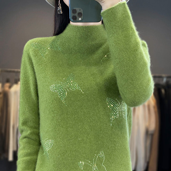 Damen Stehkragen-Feinstrickpullover mit Strass-Schmetterlingsapplikation Echoarchiv