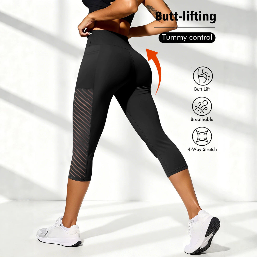 Damen Formende dreiviertel-Sportleggings mit hohem Bund, seitlichem Mesh-Einsatz und Handytasche echoarchiv-