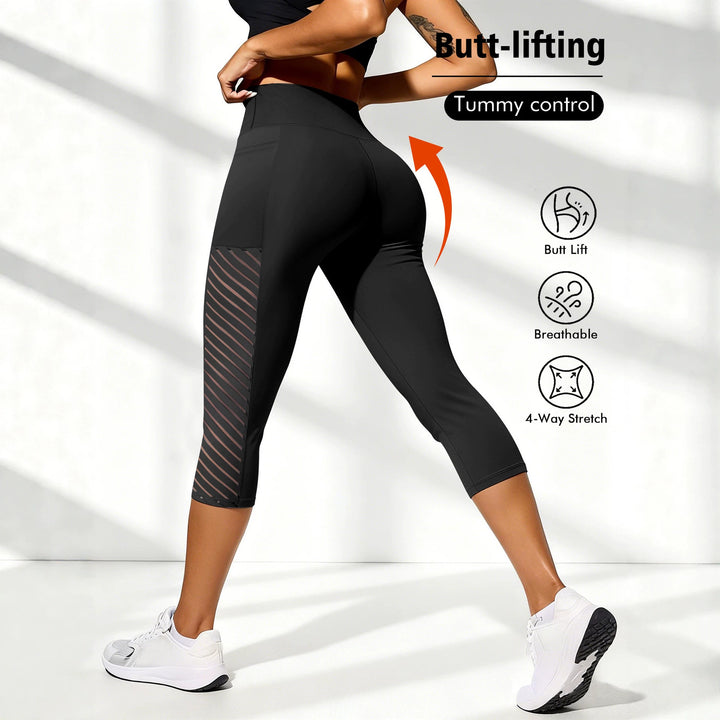 Damen Formende dreiviertel-Sportleggings mit hohem Bund, seitlichem Mesh-Einsatz und Handytasche echoarchiv-