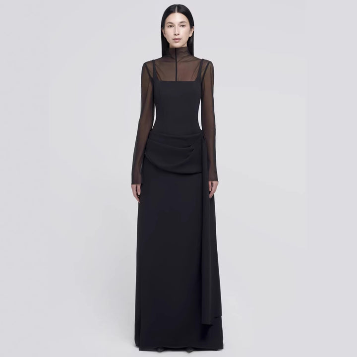 Damen Elegantes Maxikleid mit transparenten Ärmeln und drapiertem Rock Echo Archiv
