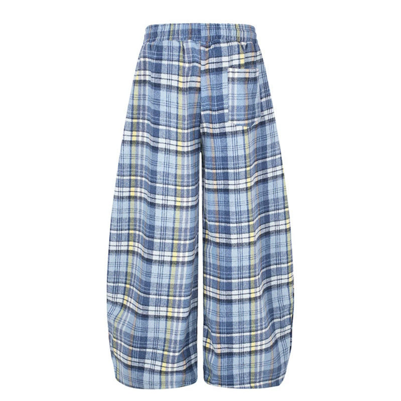 Damen Weite Karierte Palazzo-Loungehose mit hohem Komfortbund und Saumkordel Echoarchiv