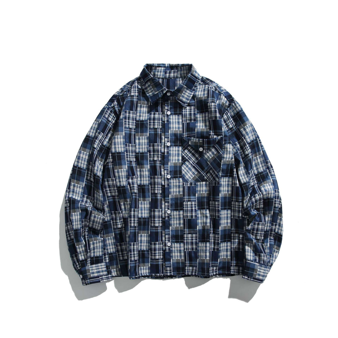 Unisex Patchwork-Karo-Hemdjacke im Oversize-Boxy-Schnitt mit Brusttasche und Kentkragen Echoarchiv