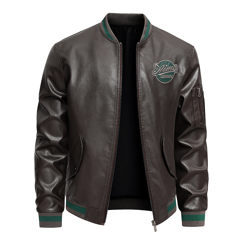 Men's retro varsity leather-effect bomber jacket with embroidered chest badge and zip sleeve pocket – Brevano
