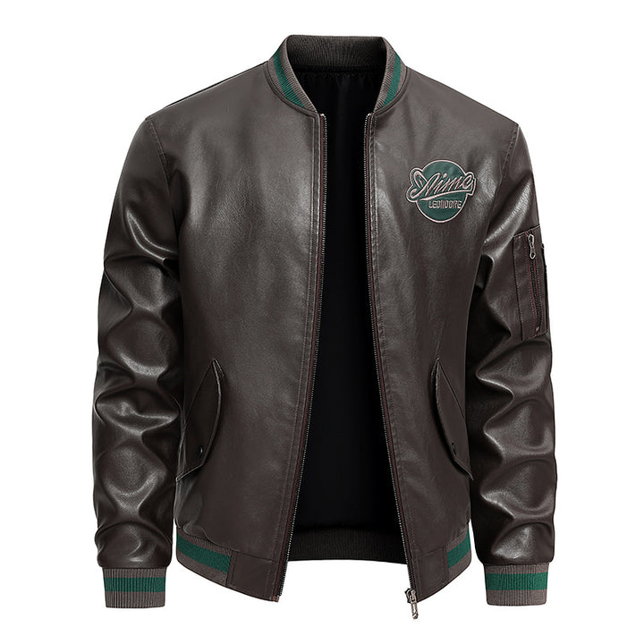 Men's retro varsity leather-effect bomber jacket with embroidered chest badge and zip sleeve pocket – Brevano