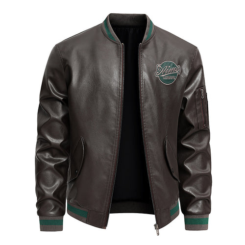 Men's retro varsity leather-effect bomber jacket with embroidered chest badge and zip sleeve pocket – Brevano