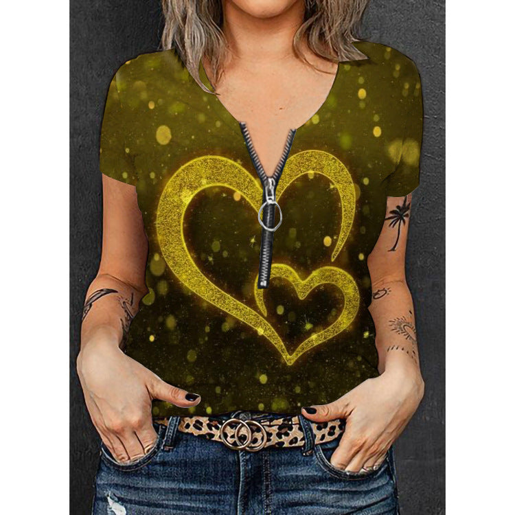 Damen Stylisches T-Shirt mit goldfarbenem Herz-Design und Reißverschluss Echo Archiv