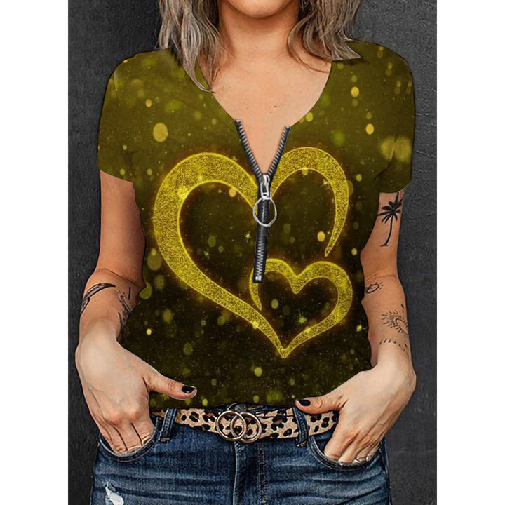 Damen Stylisches T-Shirt mit goldfarbenem Herz-Design und Reißverschluss Echo Archiv