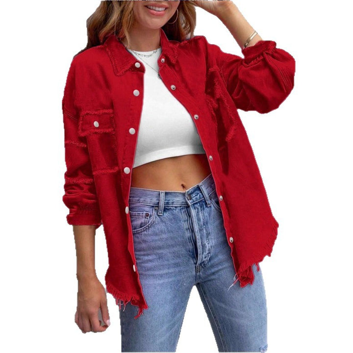 Damen Oversize-Jeanshemdjacke mit Fransenabschluss, Pattentaschen und Druckknopf-Front Echo Archiv