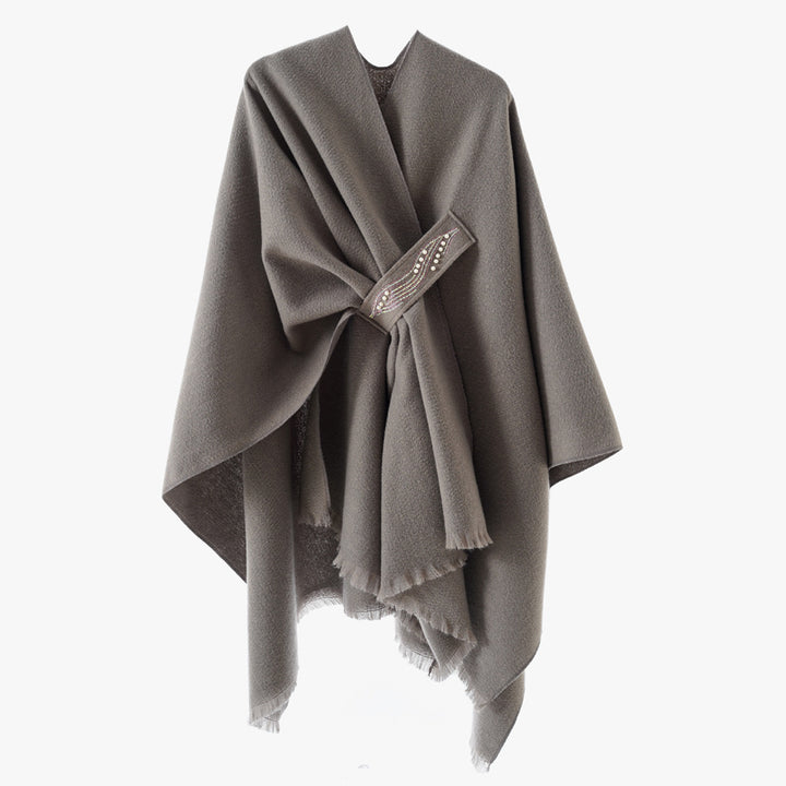Damen Eleganter Wickel-Umhang aus Wollmischung mit Taillenschärpe und Fransensaum – Avérine