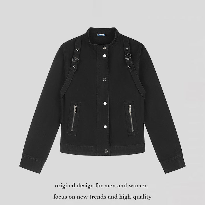 Damen Kurze Utility-Jacke mit Stehkragen, verstellbaren Schulterriemen und Druckknopfverschluss Echoarchiv
