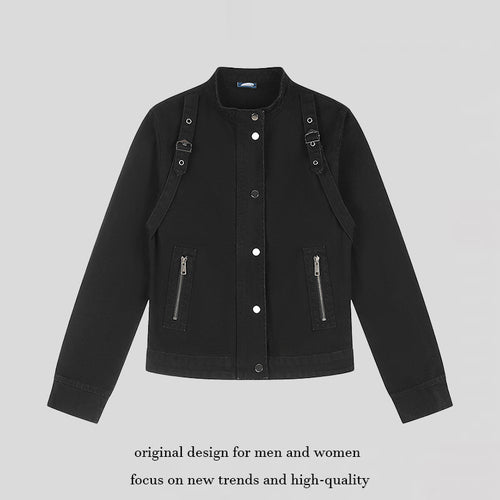 Damen Kurze Utility-Jacke mit Stehkragen, verstellbaren Schulterriemen und Druckknopfverschluss Echoarchiv