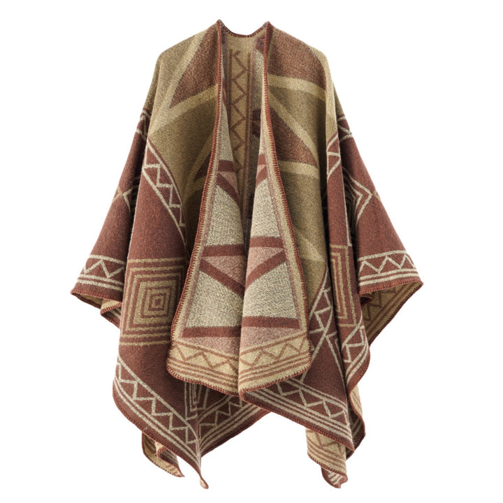 Damen Geometrischer Wollmix-Überwurfponcho mit Kettelkante Echo Archiv
