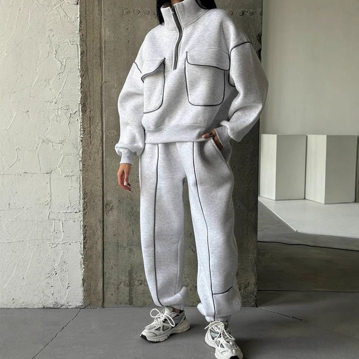 Damen nan Oversize Halbzip-Sweatshirt mit aufgesetzten Klappentaschen und Kontrastpaspeln Echo Archiv
