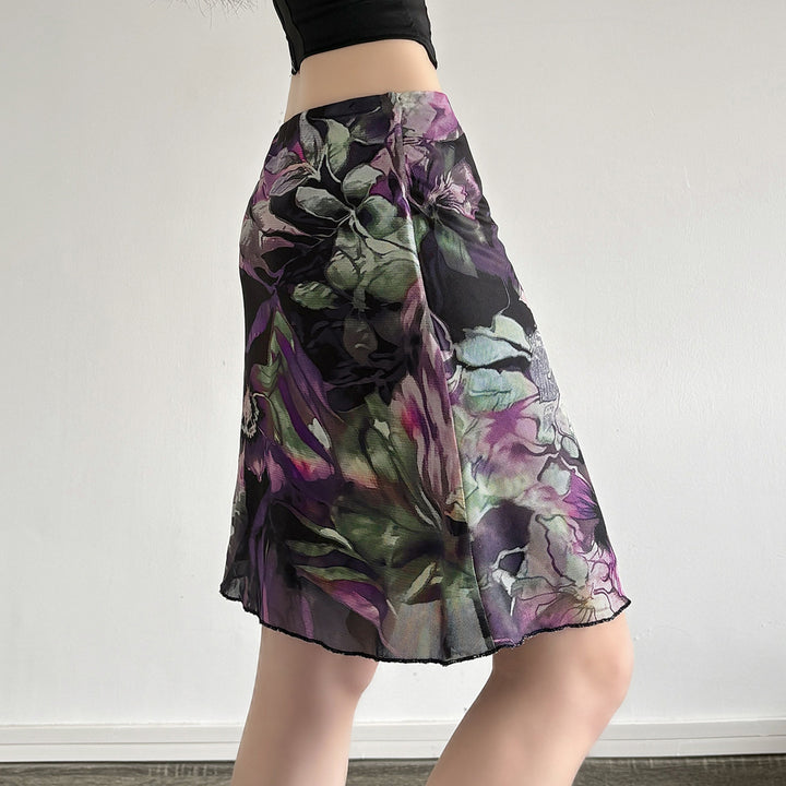 Damen Blumenmuster Midirock mit elastischem Bund und schwingendem Saum Echo Archiv
