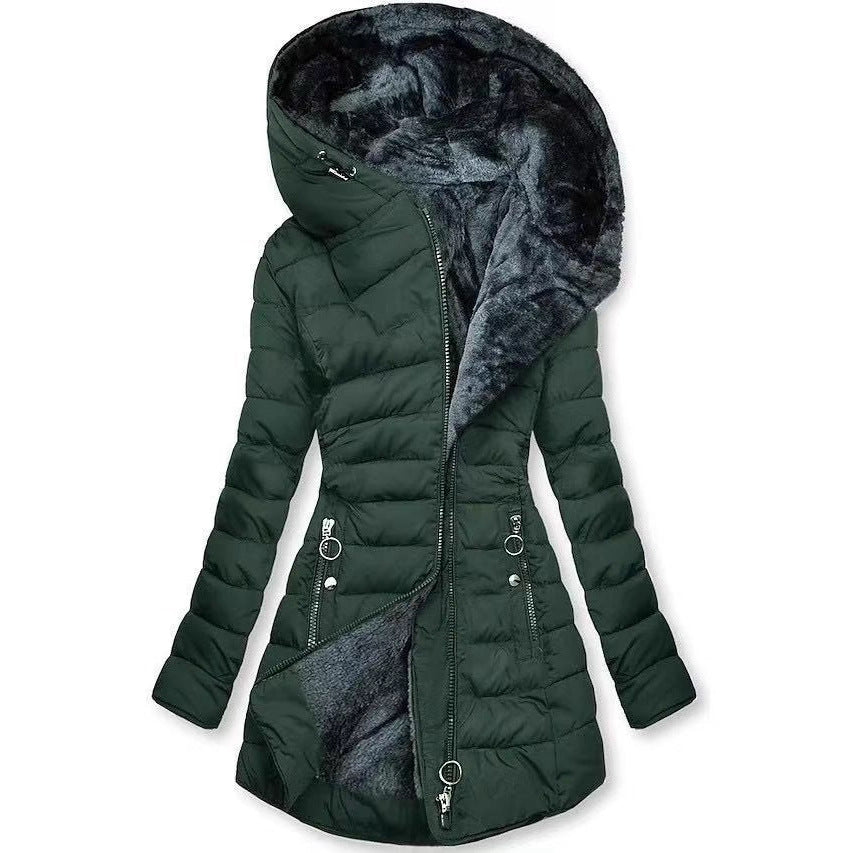 Damen Taillierter Steppmantel mit Oversize-Kapuze, kuscheligem Teddyfutter und Zierringen am Reißverschluss – Montévia