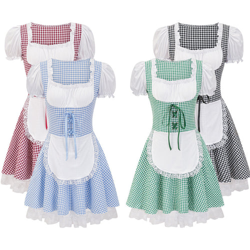 Damen nan kurztailliertes Trachtenkleid mit Karo-Corsage, geraffter Brust und Spitzen-Schürze Echo Archiv