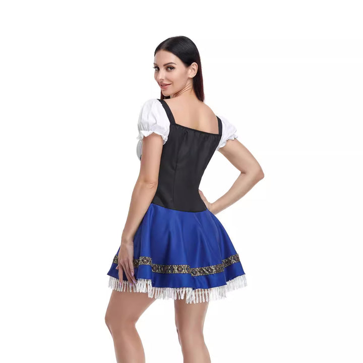 Damen traditionelles Dirndlkleid mit Spitzenärmeln Miederkorsage und geraffter Schürze – Élara