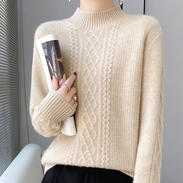 Damen Weicher Zopfstrick-Mockneck-Pullover mit leichtem Mohair-Effekt Echoarchiv