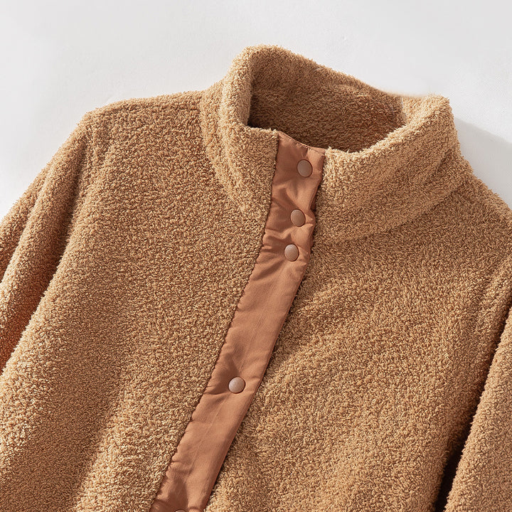 Damen kuschelige Teddy-Fleecejacke mit Stehkragen, Druckknopf-Leiste und kontrastierten Tascheneinfassungen Echoarchiv