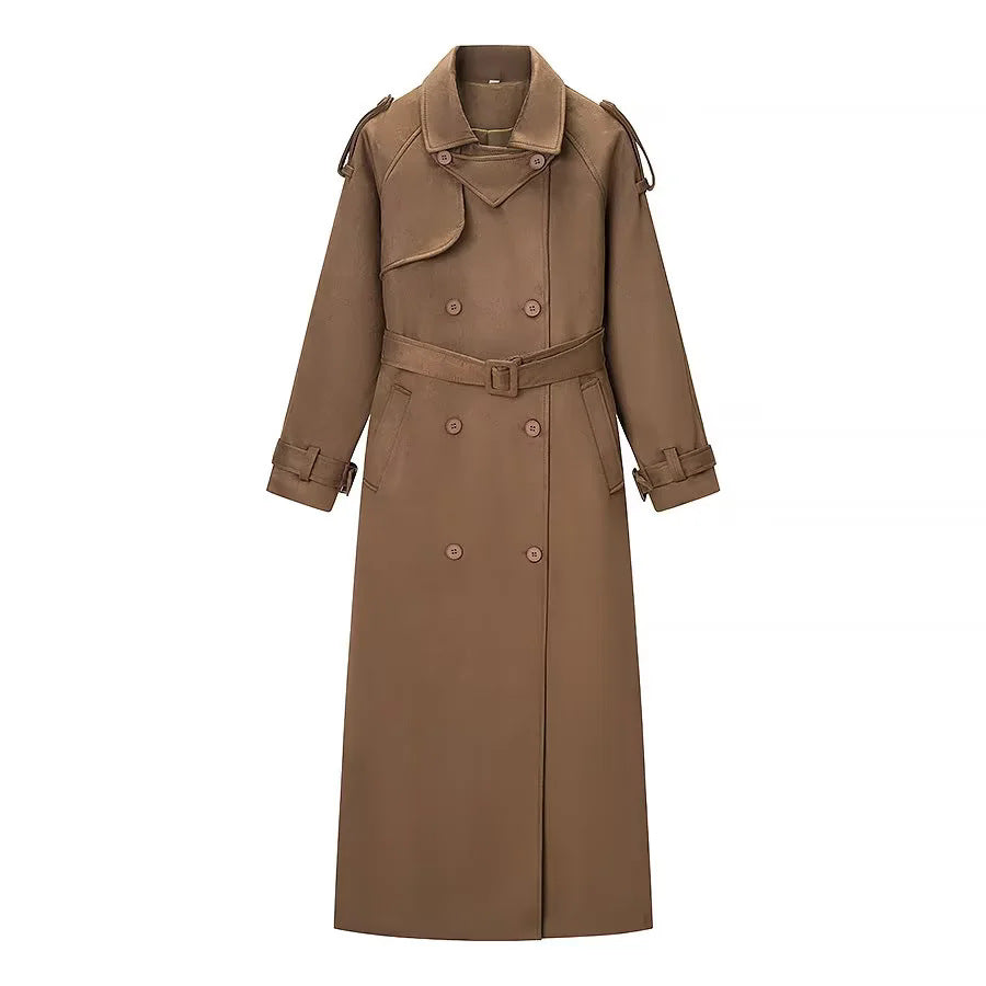 Damen langer Trenchcoat mit doppelt geknöpfter Front, Taillengürtel, Epauletten und Manschettendetail – Montévia