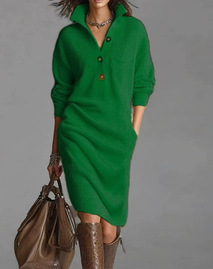 Damen nan gestricktes Pulloverkleid mit Polokragen, Eingrifftaschen und lässiger Passform Echo Archiv