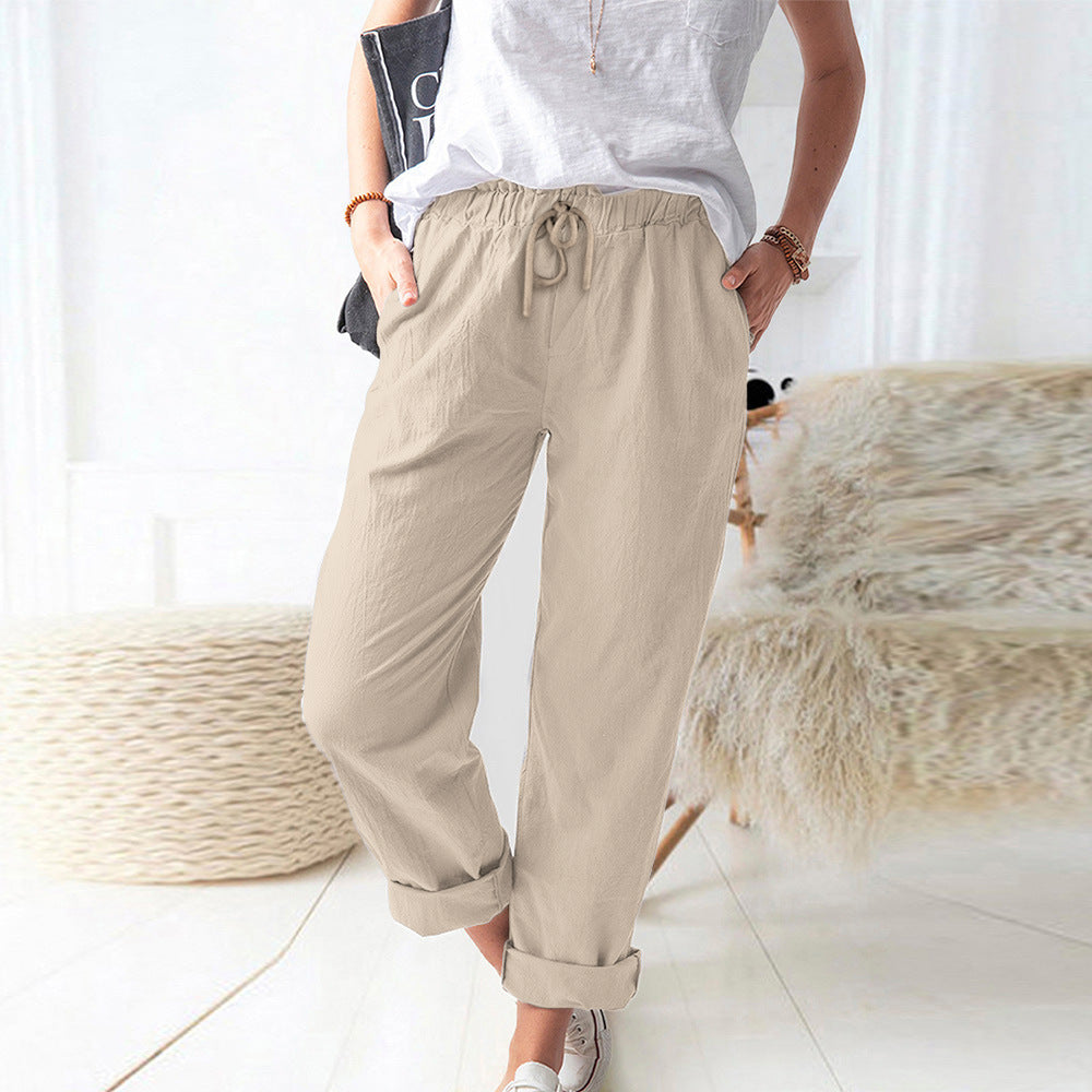 Damen Lockere Leinenoptik-Hose mit Elastischem Bund, Kordelzug und Aufgeschlagenem Saum – Avélisse