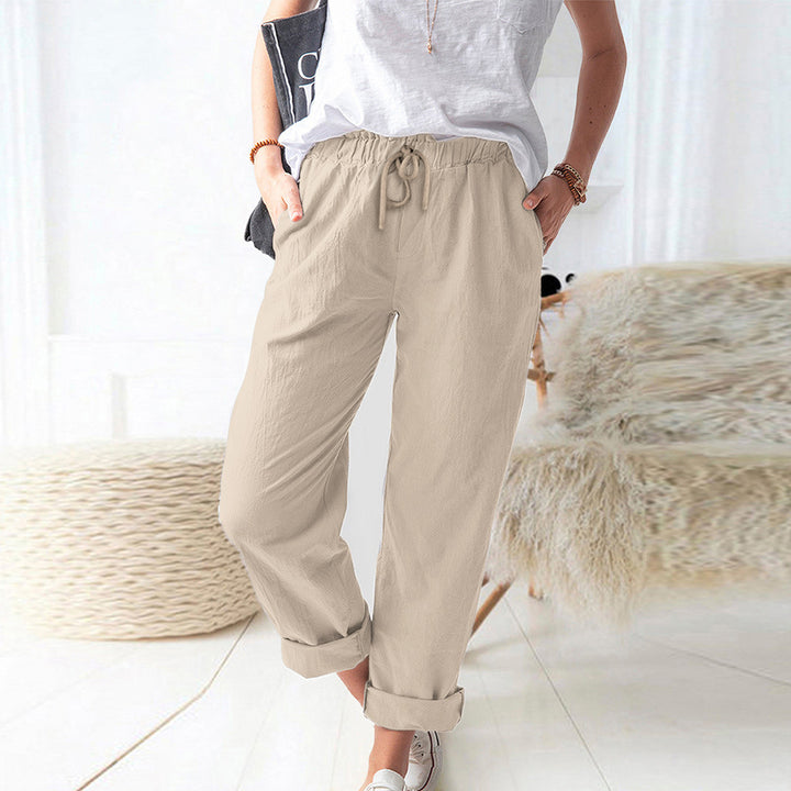 Damen Lockere Leinenoptik-Hose mit Elastischem Bund, Kordelzug und Aufgeschlagenem Saum – Avélisse