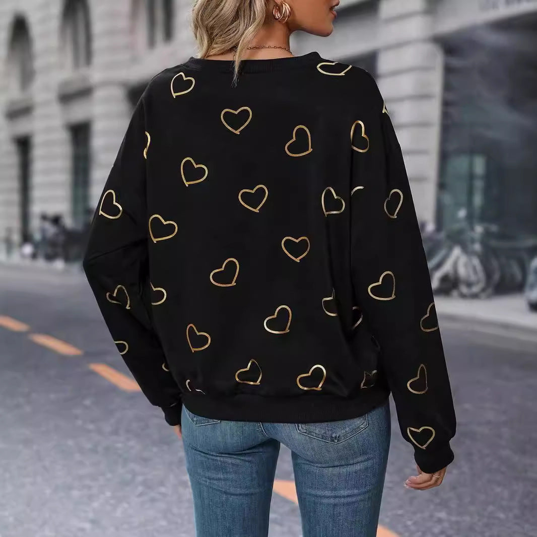 Damen nan lockeres Herzprint-Sweatshirt mit Rundhalsausschnitt und Rippbündchen Echo Archiv