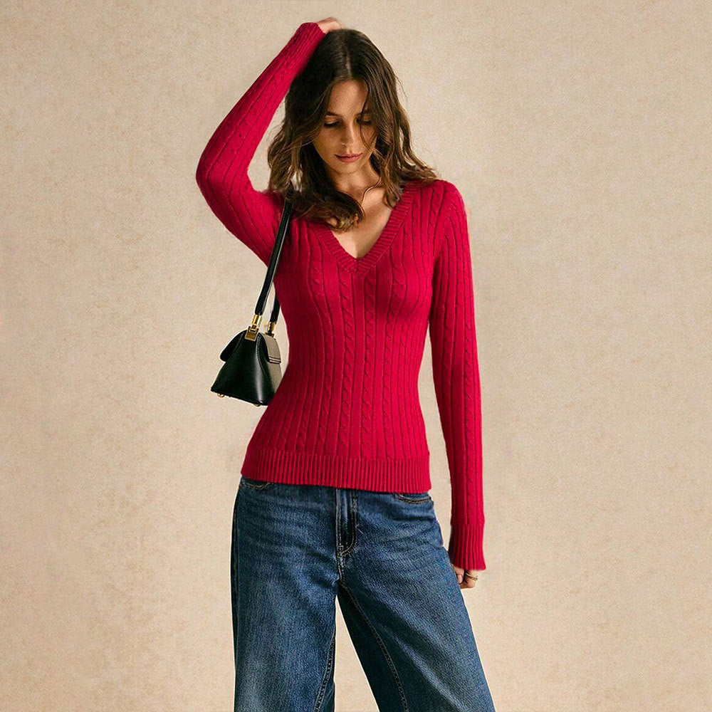 Damen figurbetonter Zopfmuster‑Pullover mit V‑Ausschnitt und taillierender Rippstruktur – Mavelle