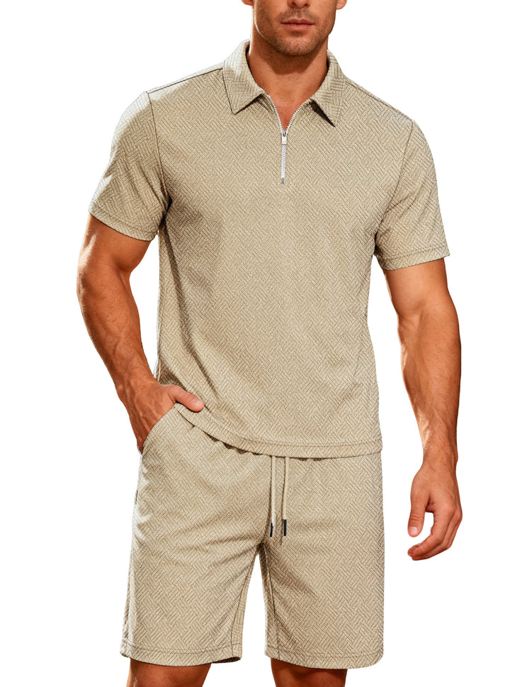 Herren nan komfortables Lounge-Zweiteiler aus strukturierter Baumwollmischung mit Halbzip-Poloshirt und Kordel-Shorts Echo Archiv