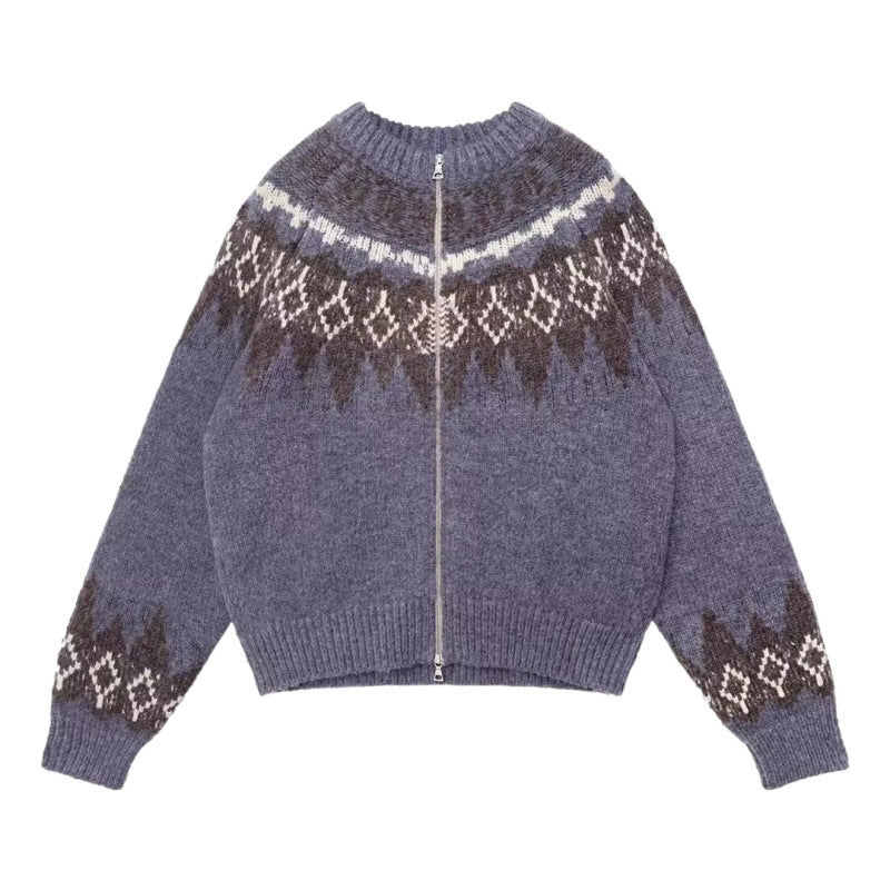 Damen Kurz geschnittene Norweger-Strickjacke mit durchgehendem Reißverschluss und Rundkragen Echoarchiv