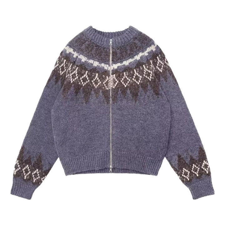 Damen Kurz geschnittene Norweger-Strickjacke mit durchgehendem Reißverschluss und Rundkragen Echoarchiv